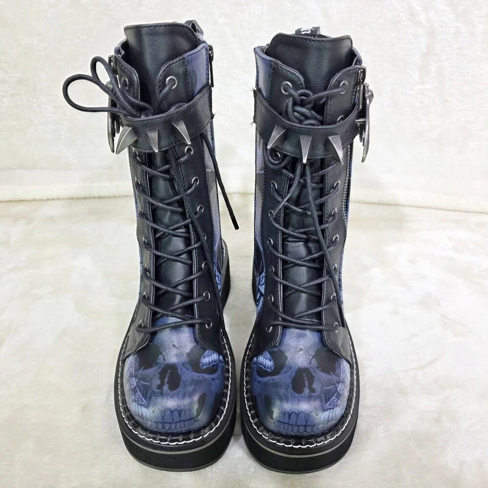 NIB NEW DEMONIA Emily Death Moth Skull Graphic Platform Goth Punk Mid Calf Boots - Picture 9 of 16